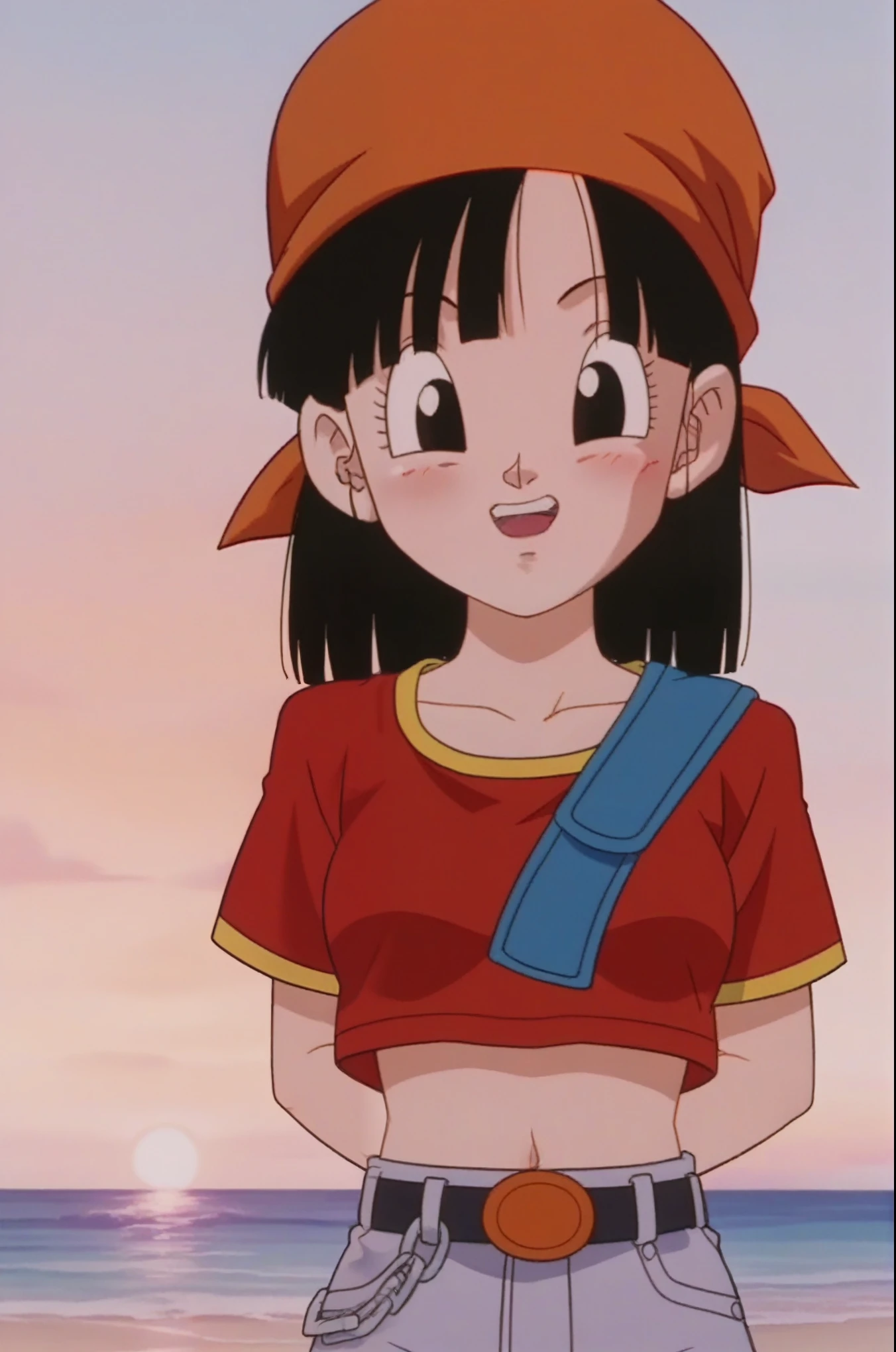 source_anime, score_9, score_8_up, score_7_up, anime screencap,
pangt, 1girl, bangs, blushing, sexy face, grass, black hair, sunset, Watching the sunset, beach in open sea sunset, sun, collarbone, whole body, teeth, blunt bangs, outdoors, black eyes, eyelashes, upper teeth only, red crop top, bandana, retro artstyle, , 1990s \(style\), orange headwear, melancholic, thoughtful, hand on the chin, medium ass, breasts, sexy