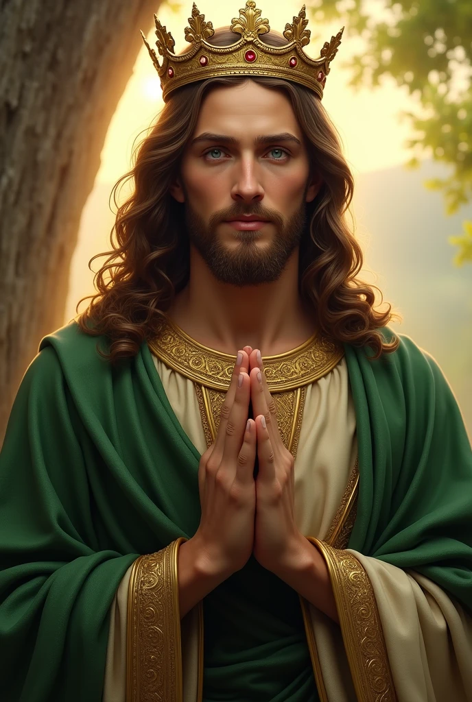 Perfect hand 5 finger, Portrait of a handsome Jesus Christ wearing green clothes with crown of king in the falls, Jesus Christ, real blue eyes, sunny day, intricate details.real Jesus Christ, straight head face, Straight body.Prayer Jesus Christ, perfect full body, perfect hands finger,Prayer Jesus Christ, praying Jesus Christ backgrounds natural photographic