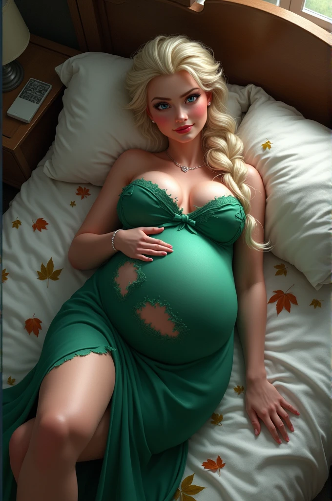 Hentai (Masterpiece:1.4), (Best quality:1.4), (High accuracy:1.4), Elsa of Arendelle, Hair in a braid, Giant tits, split, Green dress, He smiles, Lying in bed, Seductive pose with rolled leaves, pregnant, Looking at the viewer, The clothes are torn