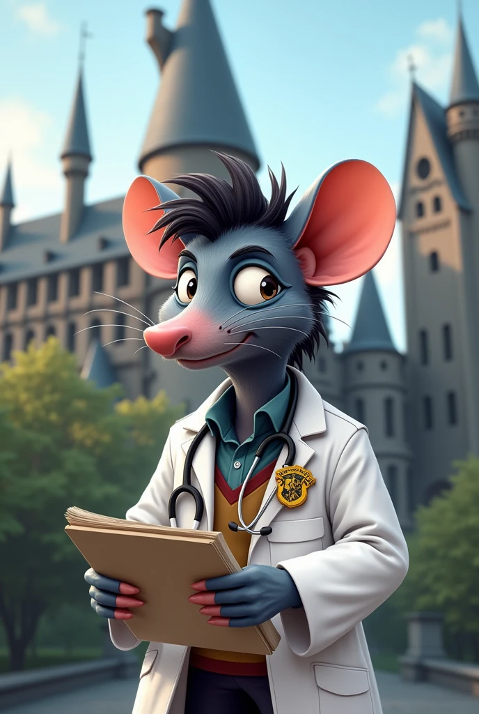 A cartoonish rat that looks like Harry Potter but is wearing doctor’s white coat. Make the background the Hogwarts Castle.