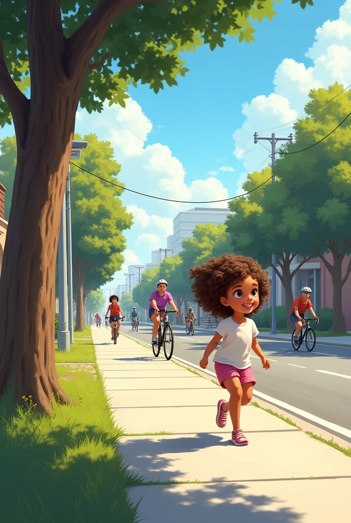 Draw Danae a 7  girl with curly brown hair and the sidewalk is for pedestrians .  Cyclists must ride on the bike lane or , if there isn&#39;t one , along the road, Always with great care 