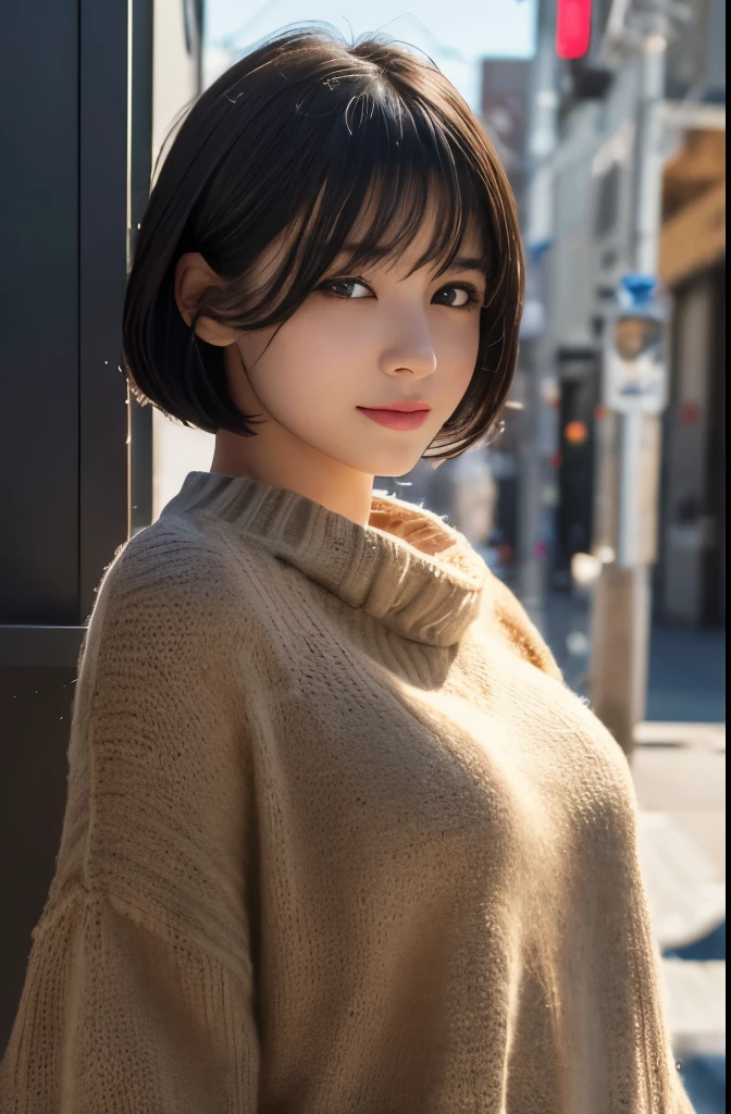 (masterpiece:1.3), (8k, Realistic, RAW Photos, Highest quality: 1.4), (One girl), Beautiful Face, (Realistic Face), A gentle smile, (Black Hair, short hair:1.3), Beautiful hairstyle, Realistic eyes, Beautiful attention to detail, Mysterious, shining eyes that store light, (Realistic Skin), Beautiful Skin, Soft skin texture,ふわりとしたCharmな少女, (sweater), Absurd, Charm, Ultra-high resolution, Ultra-realistic, Very detailed, Golden Ratio, 8k生写真:1.5,