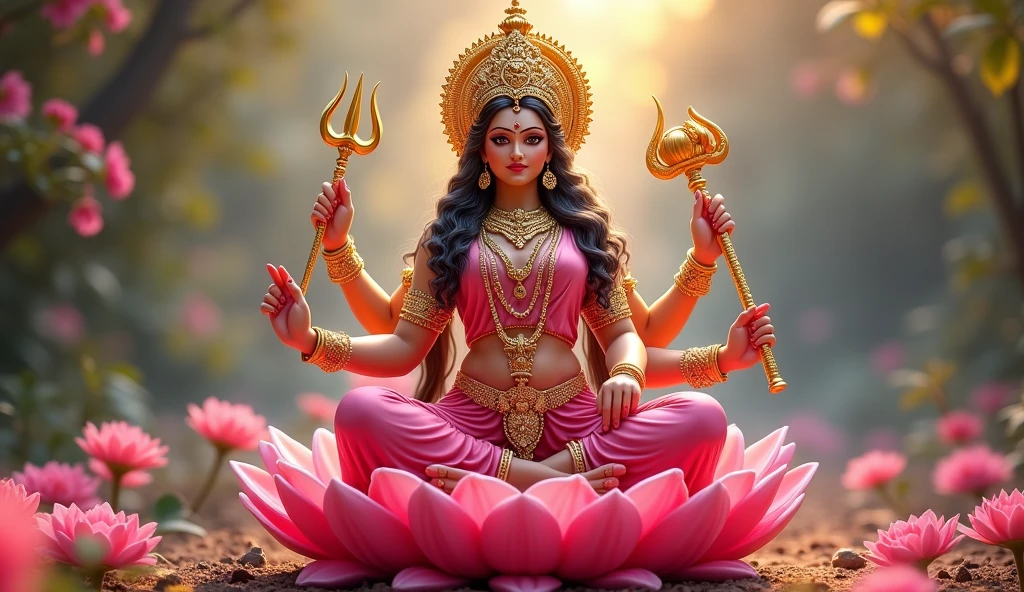 Goddess Uma Devi has piercing black eyes and wears a pink dress , She sits and holding Lord Ganesha in a loving embrace. She has 4 hands on each side, 5 fingers on each side. one hand holding gold One hand holds a large lotus flower. One hand holds a trident, one hand holds a khan. sitting on a red rose throne Surrounded by heavenly flower gardens