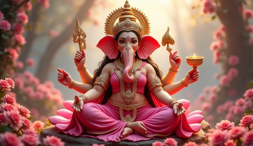 Goddess Uma Devi has piercing black eyes and wears a pink dress , She sits and holding Lord Ganesha in a loving embrace. She has 4 hands on each side, 5 fingers on each side. one hand holding gold One hand holds a large lotus flower. One hand holds a trident, one hand holds a khan. sitting on a red rose throne Surrounded by heavenly flower gardens