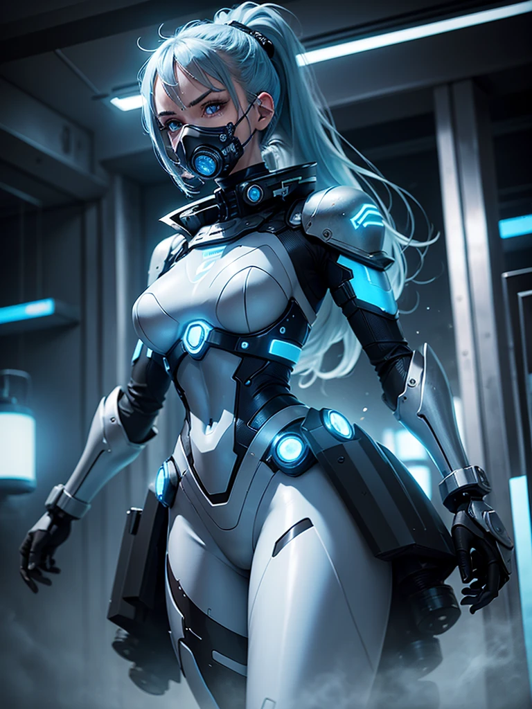 from below angle from below camera shoots from below cyborg warrior girl flat horizon photo, Girl android , she has long light blue hair, hair tied up in a ponytail, she has a mask on her face, a respirator, a woman with sexy hips, incredibly beautiful blue eyes and a gas mask on her face, half cyborg, technological modifications. Beautiful face, pretty face, look at the camera, blue metal cybernetic android robot body, Large, wide hips, suit with blue indicator lines with many blue details, blue colour corset, blue glowing lines on clothing details, cybernetic armor with a blue glow from under the joints and joints, she has blue eyes , frame with a flat horizon, Anime Style Photography , blue Lasers, black dark blue smoke background Cyberpunk style, the camera films Her from below, lower angle of photography, black background image of a night black city and blue neon lights, blue lamps, blue lighting, blue flashes IN THE BACKGROUND are the blue lights of the night city and blue glowing glass shop windows