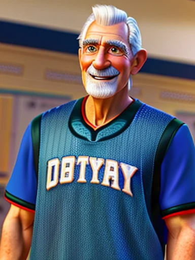 Pixarstyle A waist-high portrait of an elderly man with basketball gear, smile, natural skin texture, 4K textures, HDR, intricate, highly detailed, sharp focus, cinematic look, hyper-detailed