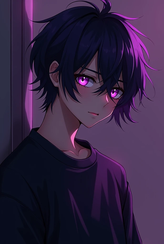 Young man emo style dark purple hair leaning to the right, purple eyes and wearing a dark purple sweatshirt