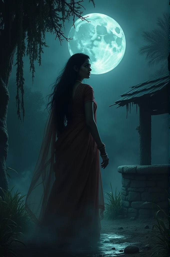 Ranjani’s Fear: A woman in traditional attire, her face filled with terror, standing near the well with moonlight casting a ghostly glow on her.