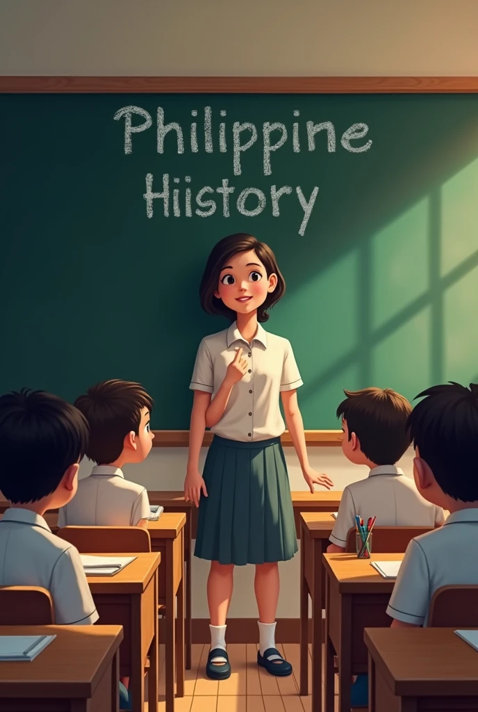 Students sitting in a classroom, attentively listening to a teacher. The blackboard behind the teacher has "Philippine History" written on it.