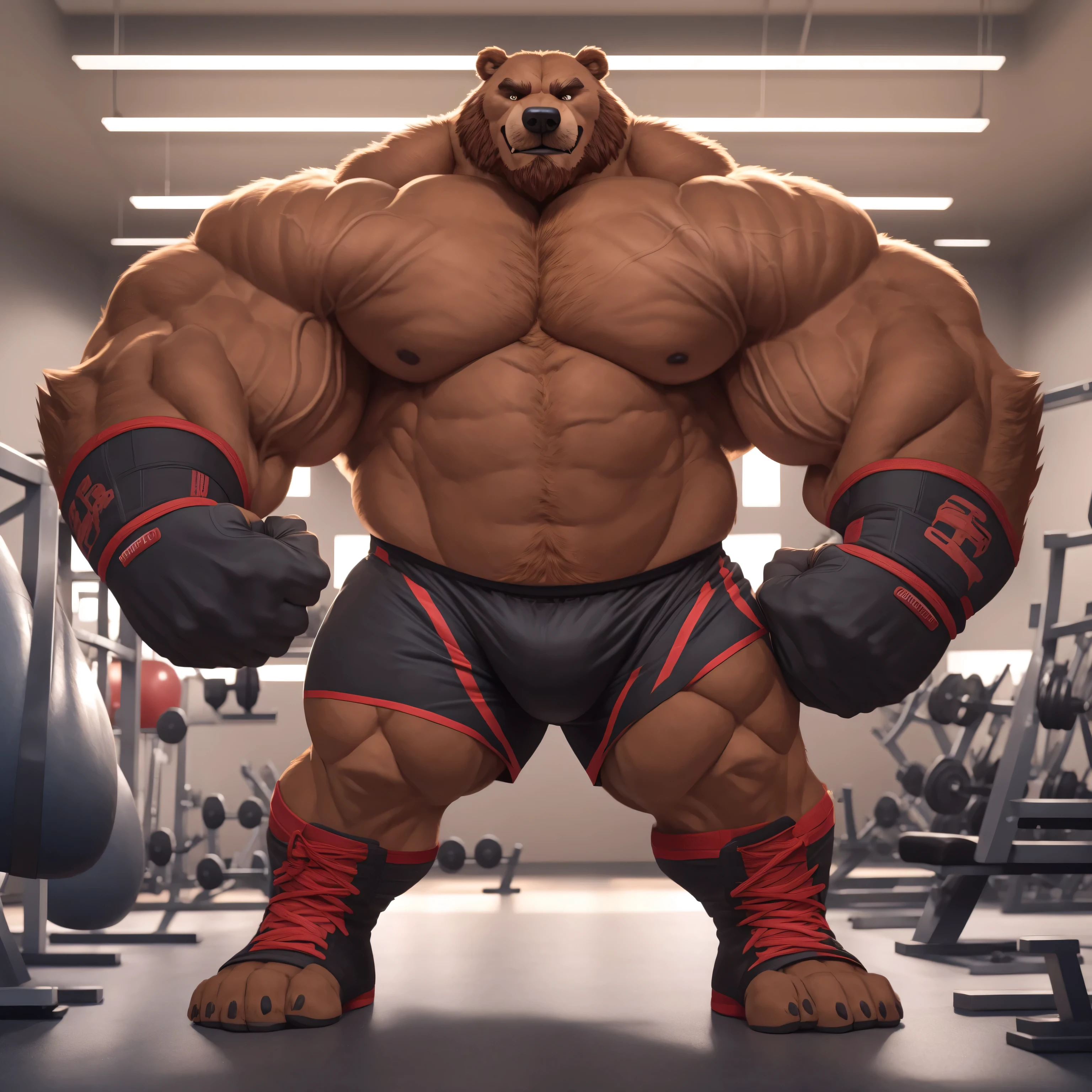 Solo, 1boy, huge muscular kodiak brown bear in big gym fitness center, big smirking, kodiak bear, huge brown fur, thick arms, huge arms, big fists, veins all over arms and chests, bald, big brown mustache and beard, (muscular, pectoral, wide pectoral, thick arms), HEIGHT: 220CM, WEIGHT: 370KG, gym sets, workout equipments, ring, punching bag, 8k, masterpiece, added cinnamon colored eyebrows, deatiled eyes with red pupils, (wearing black mixed martial arts shorts with red slits, black mixed martial art fingerless gloves with red pads, black toeless footwear tapes, shirtless and topless), punching and kicking techniques, bigger, harder, stronger.