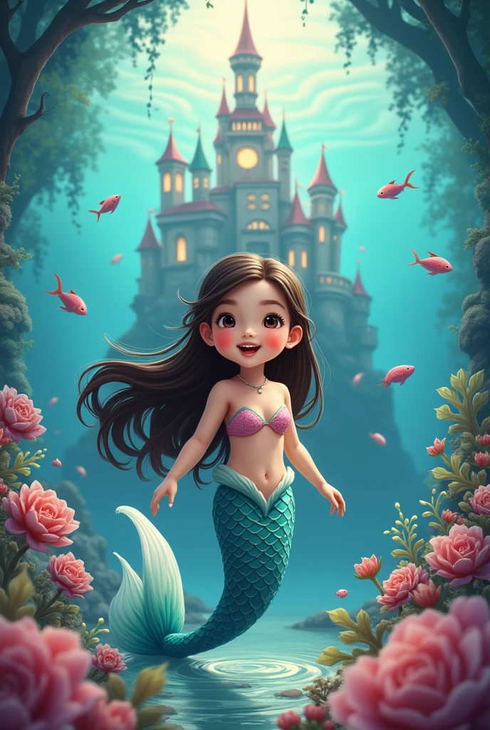 Hello, Please, could you generate a picture of a 3 year old baby mermaid with long brown hair, side part hairstyle, black eyes, happy, with Chinese features? In a colorful fantasy ocean with a fairytale castle