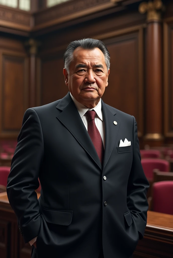 A man in a suit in parliament、67 years old.Black Hair、A sturdy face