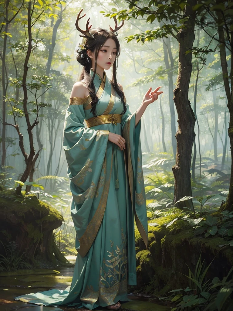 A mystical painting of a 鹿女 with elegant antlers and graceful limbs, adorned with spots and deer-like features, standing in a sunlit forest glade. The background features tall trees and soft, dappled sunlight filtering through the leaves, creating a serene atmosphere. The 鹿女 is depicted with a gentle expression, her eyes glowing with a soft green light as she channels her healing and nature-controlling abilities. Created Using: watercolor style, impressionist influence, soft brush strokes, warm color palette, naturalistic details, ethereal