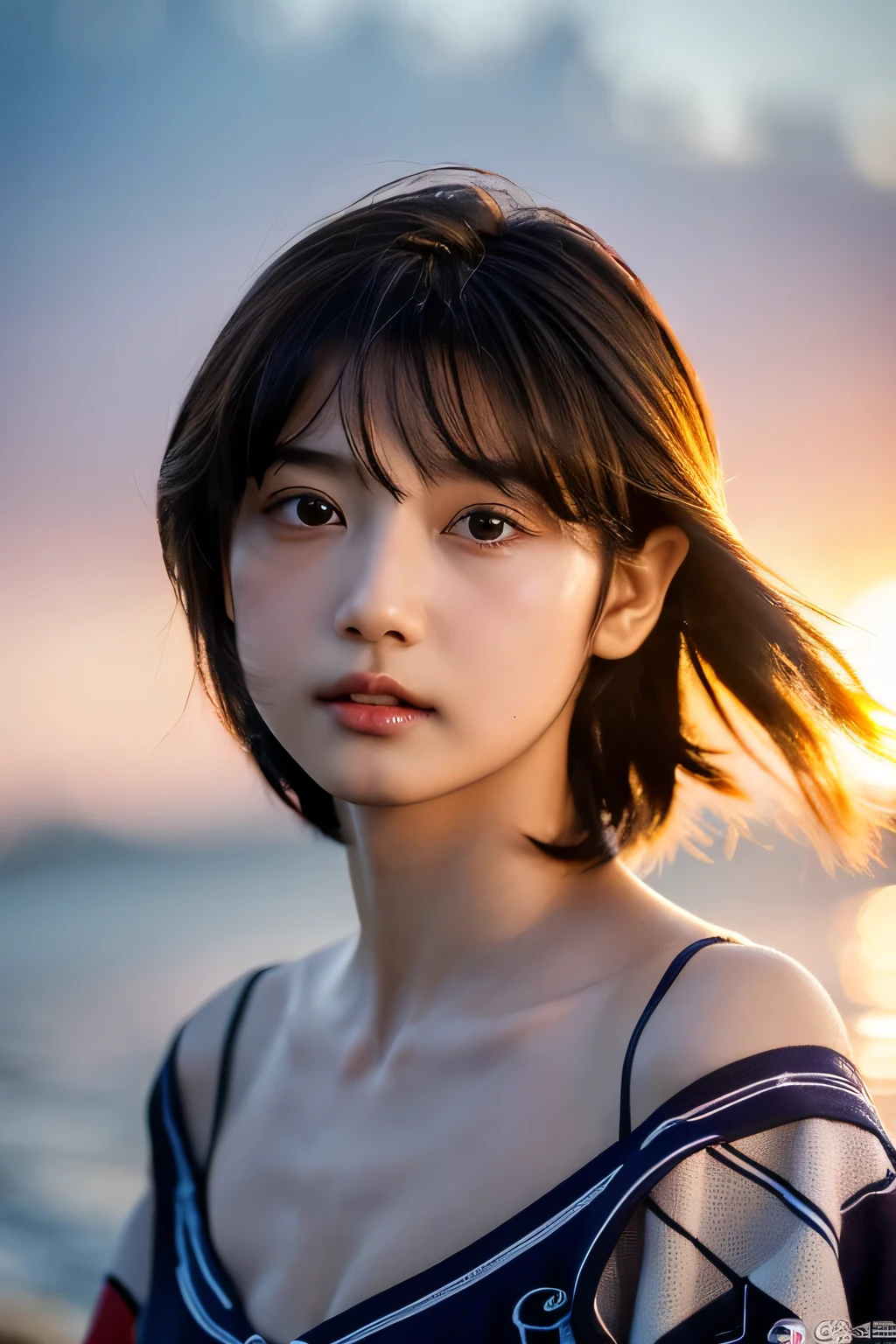 (Hyper Reality: 1.35), (Realistic: 1.4), A beautiful Japanese woman, smile, (((No makeup))), masterpiece, high quality, Very good, Puberty, Well-trained slim body, muscular, slim body, breasts apart, large breasts, ((Very delicate and beautiful)), Familiar, (((Very shallow depth of field))), (((Unbelievably absurd))), dark brown short hair, blowing boyish short bob hair, shag messy hair, wolf cut, big hair, Windで揺れる髪, Slim body type, (((small ))), Looks like a salon model, Cool face, Neutral facial features,(ecstasy:1.3) ,(slut:1.2),(vulgarity:1.3),(fucked silly:1.1),(steam:1.1),(Wet:0.8),(trembling:0.8),(tears:0.7) ,(drooling:0.6),(sweat:0.8),open mouth, {Particles of light}, Detailed Background, Soft lighting, (dramatic), sunset, very beautiful sunset, Realistic, (((11 years old))), (((Wind))), ((Movement)), ((emotion)), ((colorful)), ((Baby Face:1.2)), sea background, (((Cowboy Shot:1.2))),(((nsfw:1.2))),The girl is a SM queen