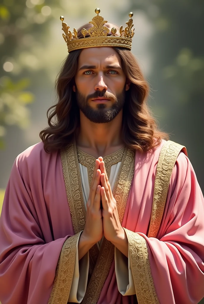 Perfect hand 5 finger, Portrait of a handsome Jesus Christ wearing pink clothes with crown of king in the falls, Jesus Christ, real blue eyes, sunny day, intricate details.real Jesus Christ, straight head face, Straight body.Prayer Jesus Christ, perfect full body,  perfect hands finger,Prayer Jesus Christ, praying Jesus Christ backgrounds natural photographic