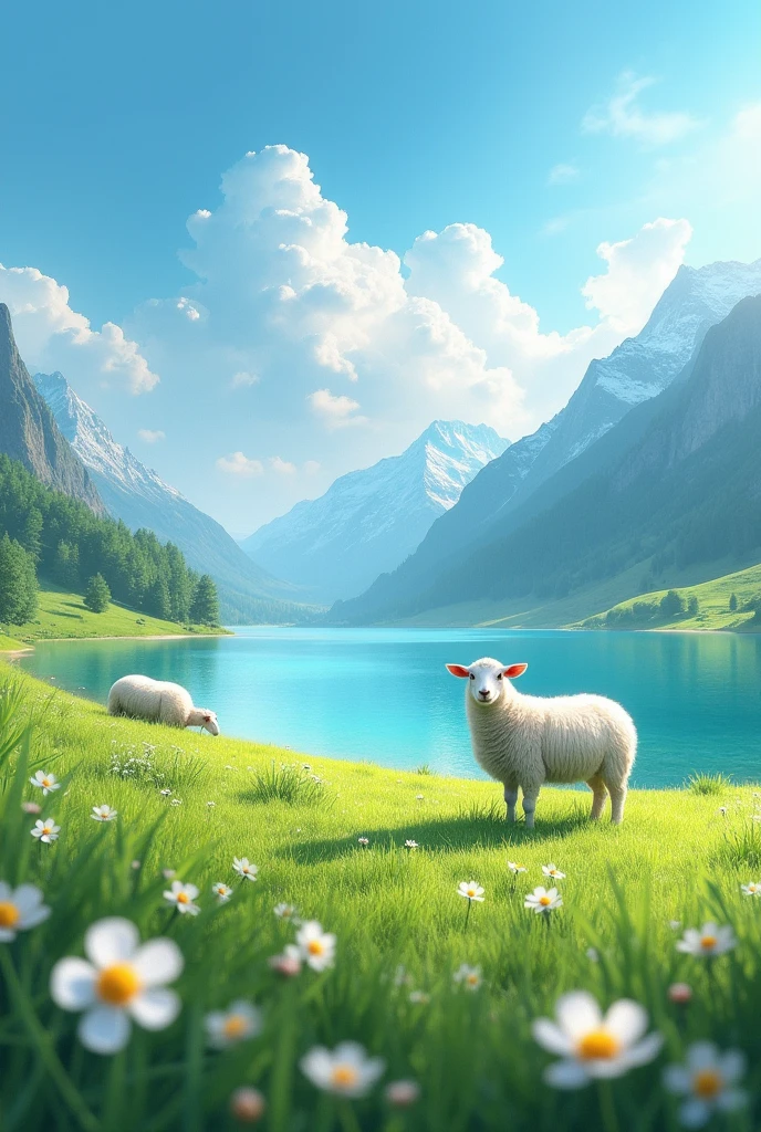 summer, grassland, A few small flowers, Clear lake, sheep, Heaven, Big Cloud, Blue sky, Hot weather, High-resolution details, Wet watermark, Ultra Detail, Movie, Surrealism, Soft Light, Deep Focus Bokeh, The vista is snow-capped mountains, Ray Tracing, and Surrealism. --v6