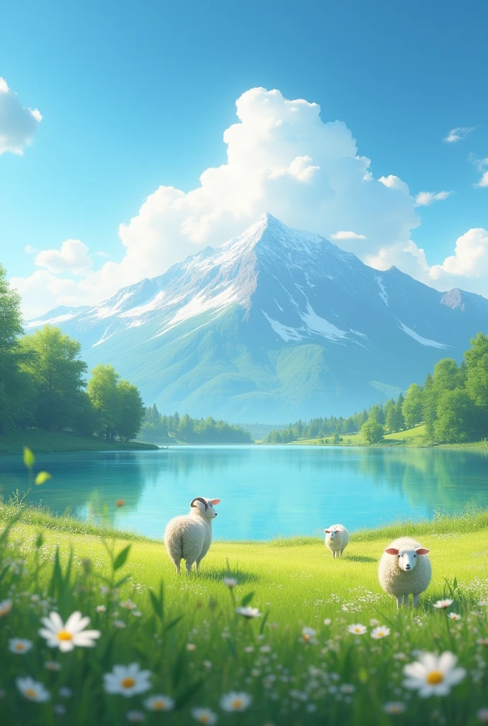 summer, grassland, A few small flowers, Clear lake, sheep, Heaven, Big Cloud, Blue sky, Hot weather, High-resolution details, Wet watermark, Ultra Detail, Movie, Surrealism, Soft Light, Deep Focus Bokeh, The vista is snow-capped mountains, Ray Tracing, and Surrealism. --v6