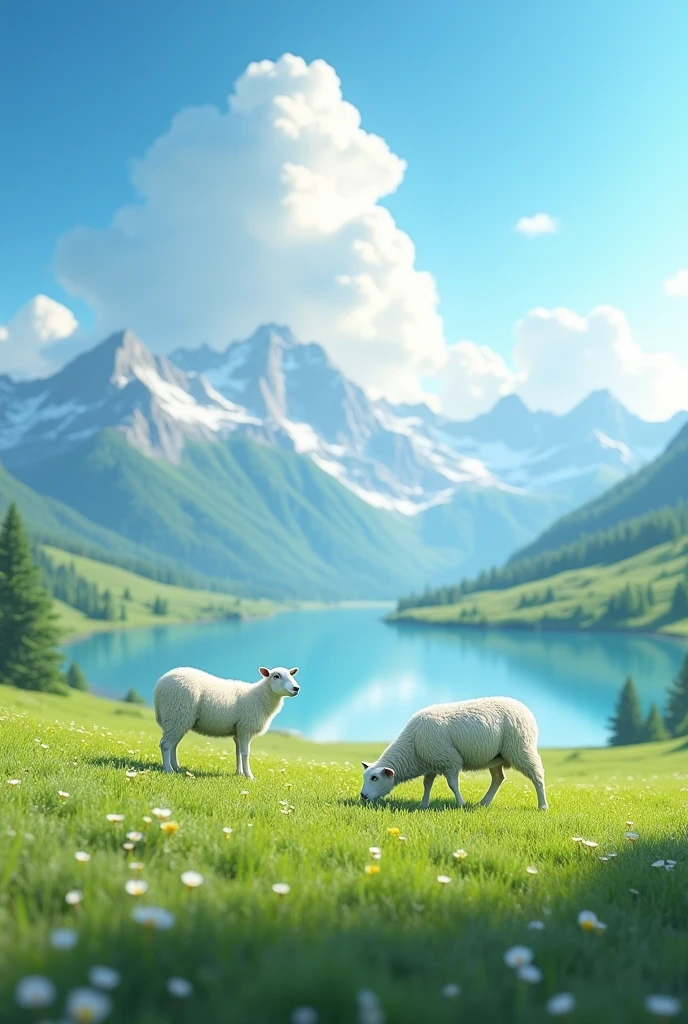 summer, grassland, A few small flowers, Clear lake, sheep, Heaven, Big Cloud, Blue sky, Hot weather, High-resolution details, Wet watermark, Ultra Detail, Movie, Surrealism, Soft Light, Deep Focus Bokeh, The vista is snow-capped mountains, Ray Tracing, and Surrealism. --v6