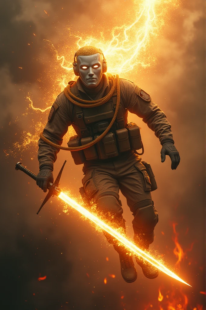 Modern United States Soldier with a bright white mask that has golden dust around it and has lightning eyes carryng a flaming sword coming from heaven with a divine golden rope attached to him diving into hell