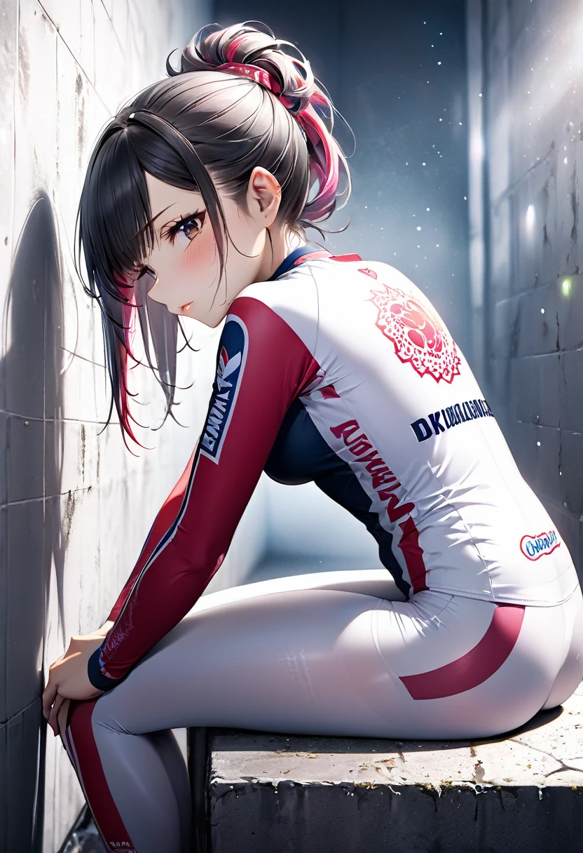 beautiful woman, amorous and lewd face, half-up messy hair, make-up, wearing a white tight fit track cycling jersey, superlative body proportion, covered in tattoos, exhausted and worn out, sitting with her back against the wall, shading effects, gradation magic effects, foggy filter effects, glitter effects, (ultra detailed, absolutely resolution, best quality:1.3), 2.5D, delicate and dynamic, artistic photography, hyper realistic, graphic CG digital art