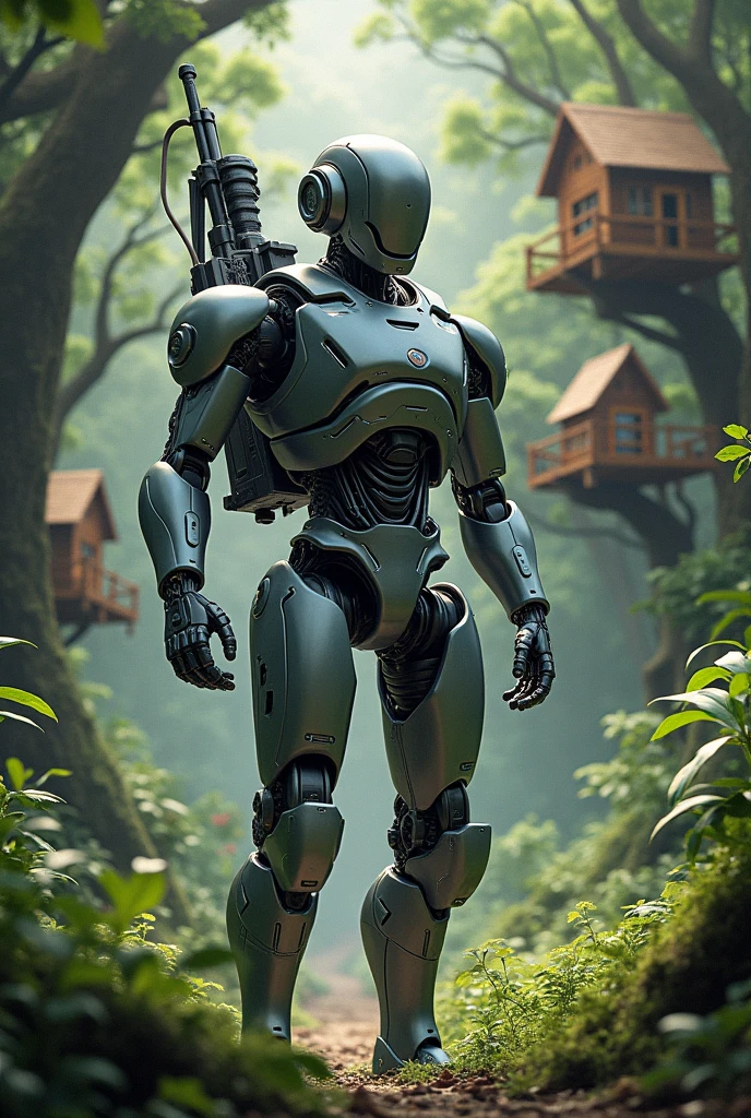 A humanoid robot with a machine gun on its back.
He is in a forest with several houses on top of the trees.