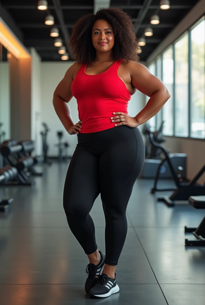 Full body image of a curvy woman without being fat, light brown skin, wearing sportswear, black pants and a red shirt inside a gym, showing her full body, black sports shoes