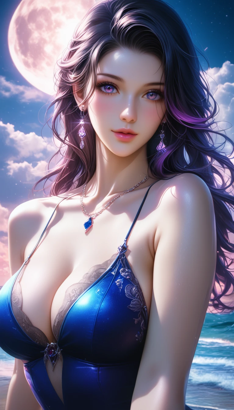 score_9, score_8_superior, score_7_superior, A masterpiece in 32K resolution,Highest quality,it is really amazing,Very detailed,Ultra-high resolution,Ultra-realistic,Realistic,Increased depth of field,Cinematic lighting,
Sexy Japanese Adult Women,
black straight medium hair,Ultra-detailed and beautiful face,Gentle expression,Translucent white skin,Realistic skin texture,
Elegant swimwear,
Bold design,Artistic design,Beautiful and detailed pattern,Detailed fabric texture,
Gorgeous necklace,Earrings,
Coastline at night,Giant Moon,Dark clouds floating in the dark night sky,
Cinematic Angle,
