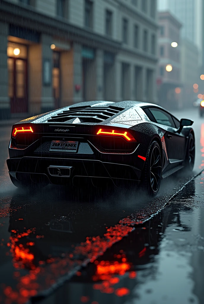 black lamborghini in the rain