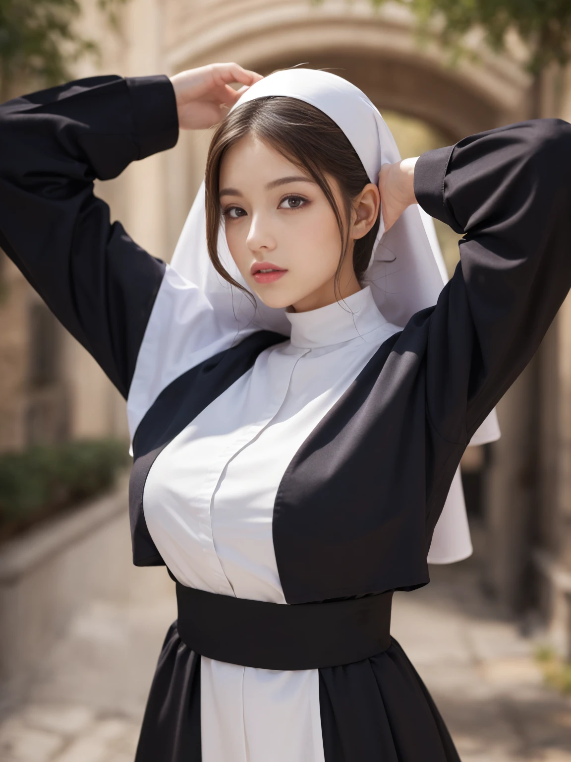 masterpiece, Highest quality, figure, Very detailed, The finer details, High resolution, 8k,wallpaper, Perfect dynamic composition,(Detailed high quality:1.3),(A tight-fitting nun&#39;s outfit with buttons on the collar and chest), Seraphim, The background is an empty changing room, Deep in the field, Black hair color, Big Natural Color Lip, (Perfect figure), (smile)、Harajuku Style, Adorable expression、Expressions of happiness、Amazingly cute、Cute type、Beautiful feet, Idol Sculpture、(Braid)、(Glasses)、(Big Breasts)、(Three Women)、(whole body)、(Nun&#39;s clothing that accentuates the body line:1.3)