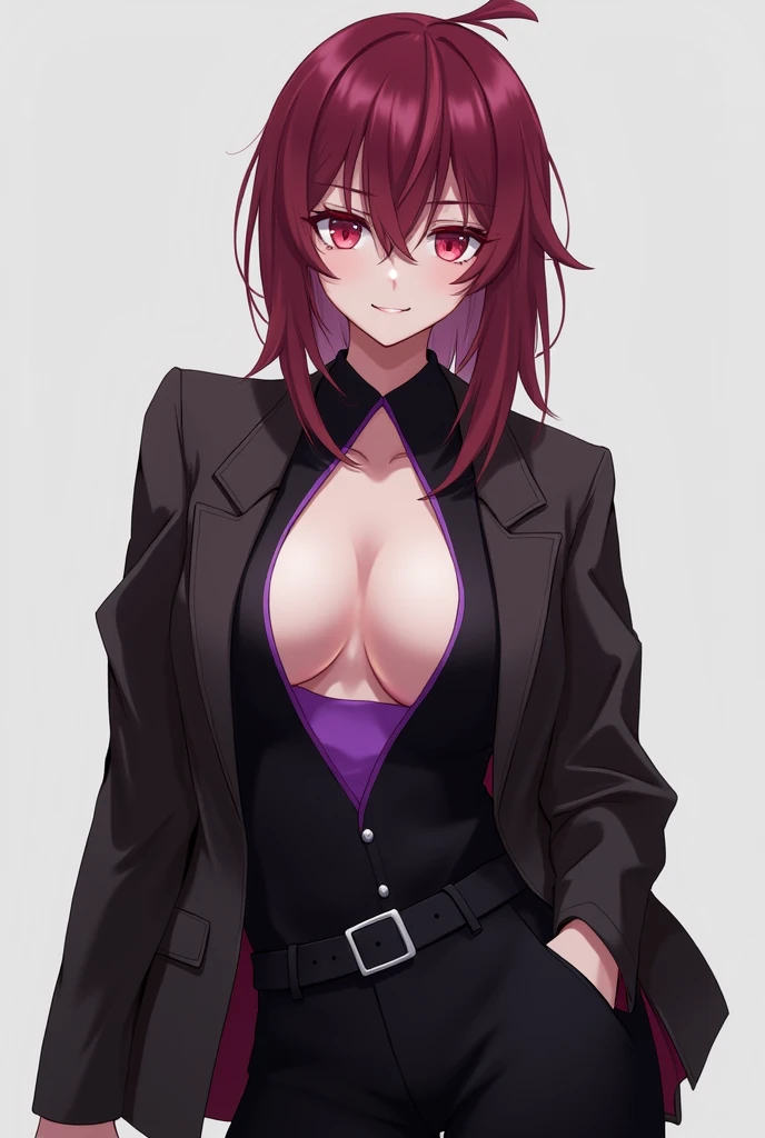 Jthan67, Ahoge, reddish wine hair, Jacket with hole shows purple cleavage, black blouse, black pants, reddish wine eyes, pose sexy