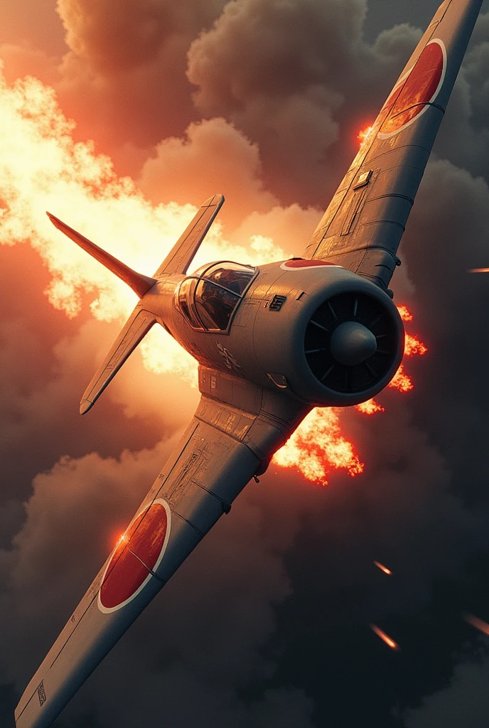 A dramatic, high-contrast image of a Japanese Kamikaze pilot's plane diving towards an enemy ship, with flames and explosions in the background. The plane should have distinctive Japanese markings.