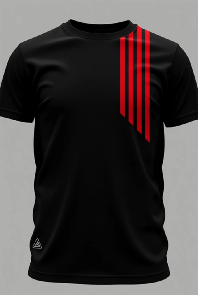 Create a black t-shirt with 3 vertical red lines!!!It is on the right side and a small logo on the left side of the chest