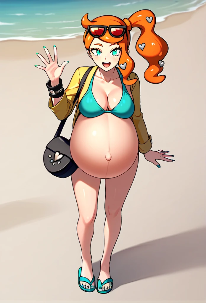 score_9, score_7_up BREAK solo,EPpkSonia,orange hair, side ponytail, aqua eyes, long hair, eyewear on head, sunglasses, heart hair ornament, aqua bikini, pregnant, pregnant belly, cleavage, bracelet, collarbone, blue panties, shoulder bag, long sleeves, nail polish, toenails aqua, flip flops, happy, beach, background