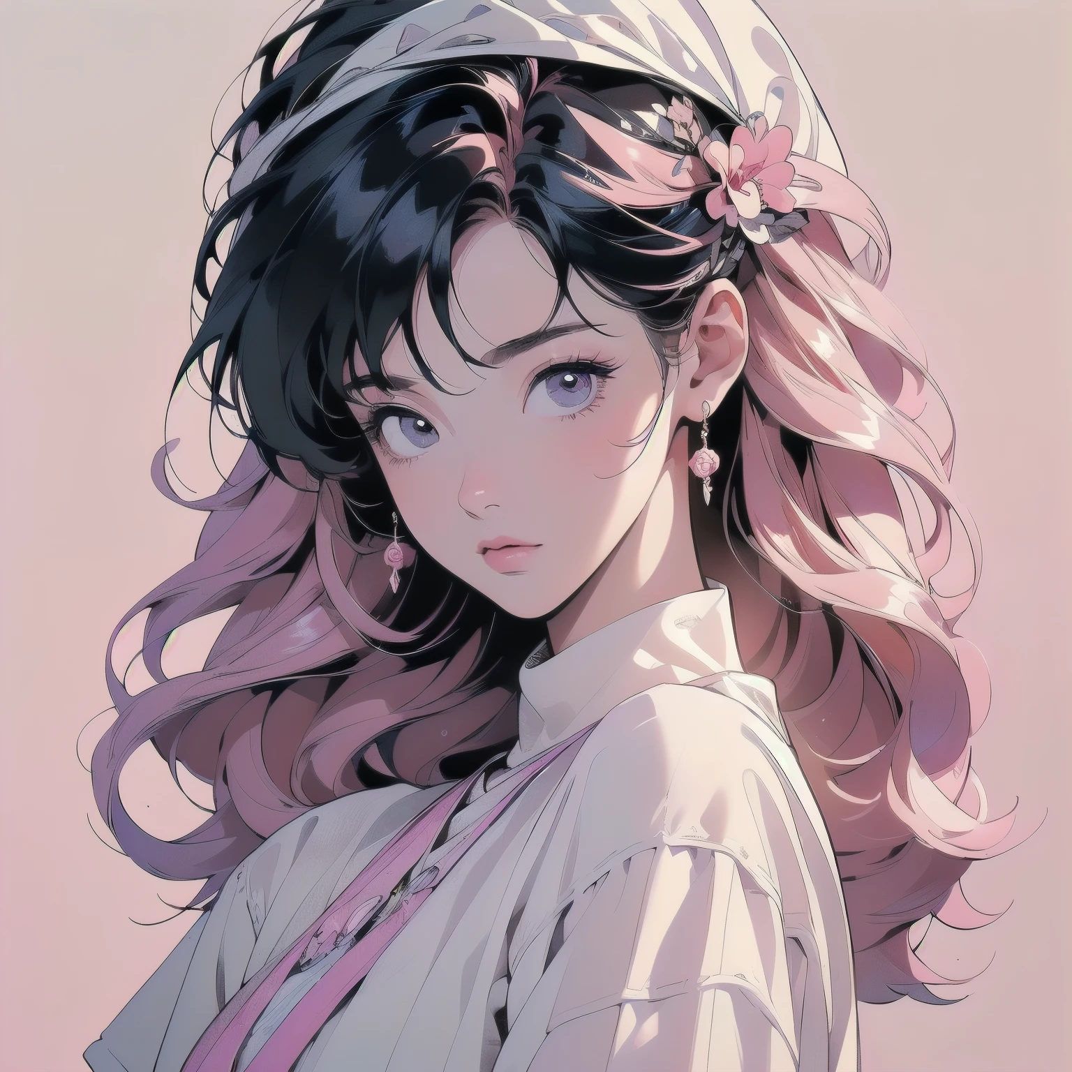 (((Masterpiece, top quality))), (((32K wallpaper))), ultra high resolution, trigun、Persona、Beautiful woman、Movie Posters、Upper Body、Model Pose、mysterious、Small breasts、Black Hair、Short sleeve、(((pink hair))),Lots of flowers、Angel、(((Wear a white cloth on your head)))、ultra detailed hair, Gradient eyes