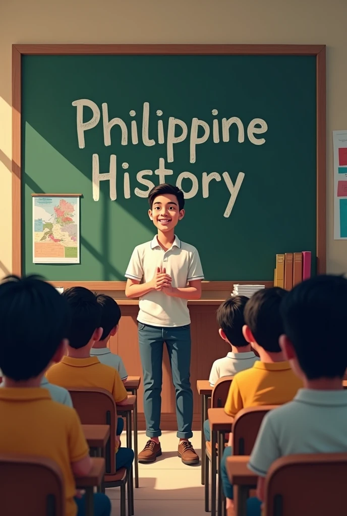 Students sitting in a classroom, attentively listening to a teacher. The blackboard behind the teacher has "Philippine History" written on it.
LANDSCAPE