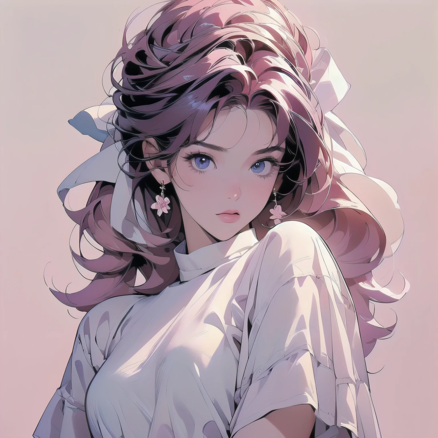 (((Masterpiece, top quality))), (((32K wallpaper))), ultra high resolution, trigun、Persona、Beautiful woman、Movie Posters、Upper Body、Model Pose、mysterious、Small breasts、Black Hair、Short sleeve、(((pink hair))),Lots of flowers、Angel、(((Wear a white cloth on your head)))、ultra detailed hair, Gradient eyes