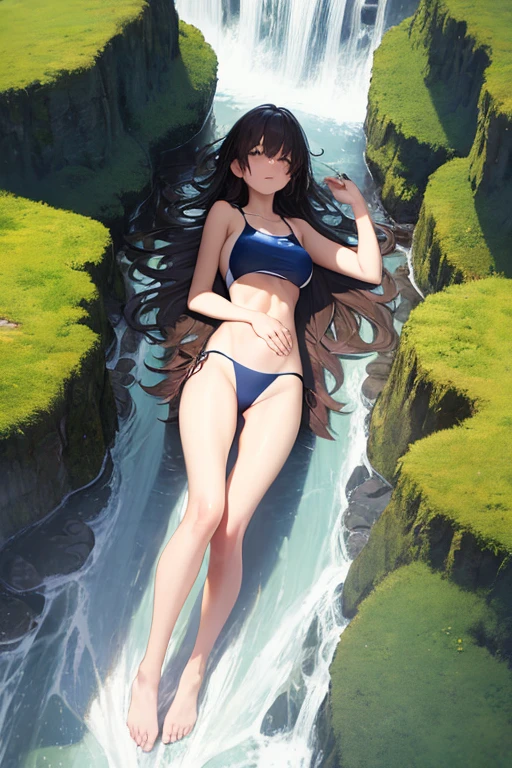 (masterpiece, Best Quality, High resolution), 1 girl, swimsuit, in the stomach, lying, looking at the viewer, landscape trees , waterfall and mountain stones,((view from above))