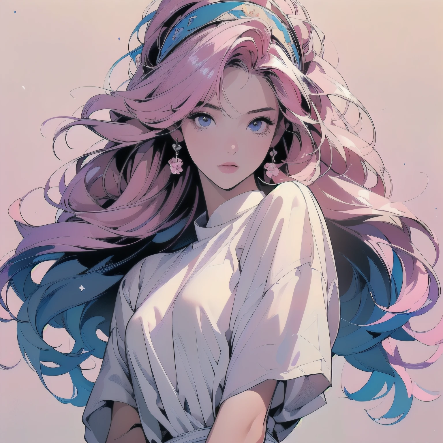 (((Masterpiece, top quality))), (((32K wallpaper))), ultra high resolution, trigun、Persona、Beautiful woman、Movie Posters、Upper Body、Model Pose、mysterious、Small breasts、Black Hair、Short sleeve、(((pink hair))),Lots of flowers、Angel、(((Wear a white cloth on your head)))、ultra detailed hair, Gradient eyes, (((Colorful hair of various mixed colors)))