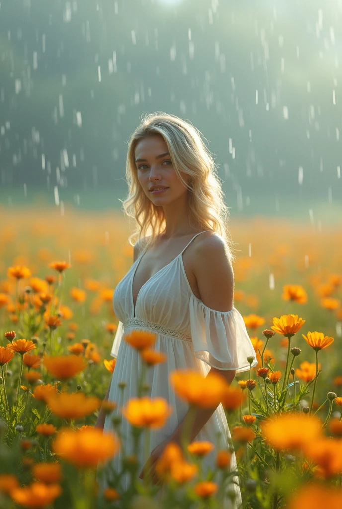 A woman stands in a flower field in the rain., a goddess in a field of flowers, , a middle-aged blonde, a light translucent dress, facing the camera, A girl in front in a flower field, Beautiful Ultra HD 4K art, , in a field of flowers, a woman in flowers, highly detailed 4k digital art,