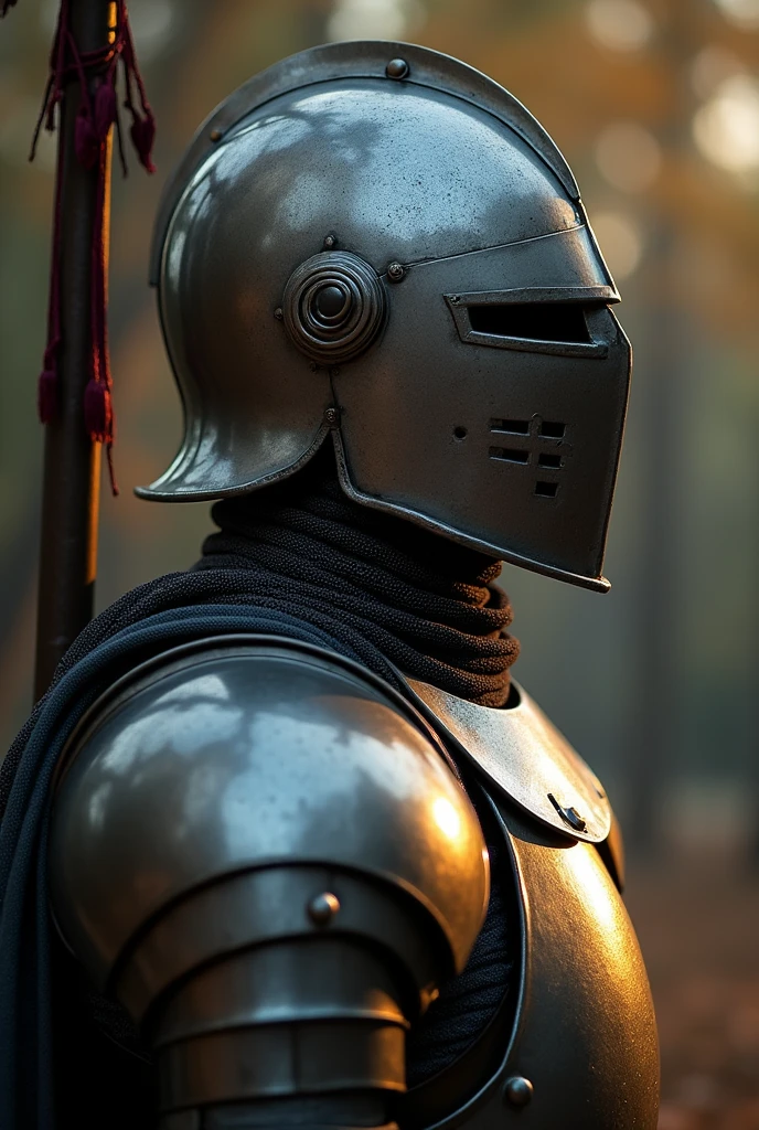 knight with helmet looking up
