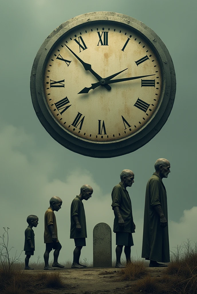 It generates the image of the death of a man over time But in the way that the human being grows from child to old man and then a tombstone at the end and a large clock in the background 