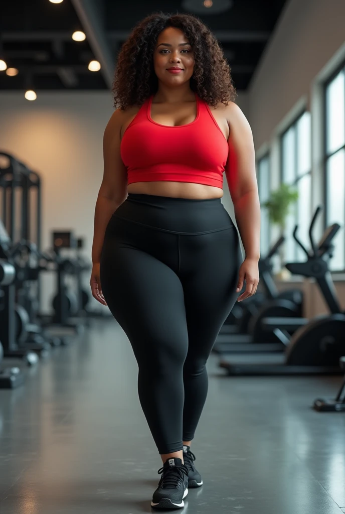 Full body image of a curvy woman without being fat, light brown skin, wearing sportswear, black pants and a red shirt inside a gym, showing her full body, black sports shoes