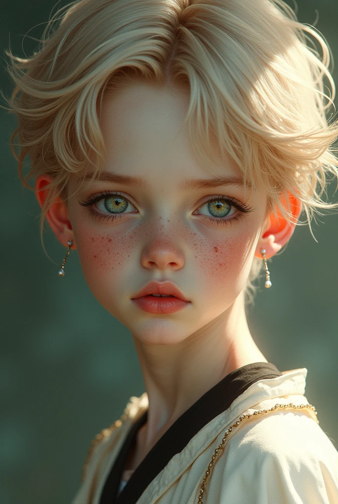 A boy with light red hair, almost white, with darker highlights that contrast with the skin. The greenish eyes, with an intense shine that varies between light green and grayish blue, depending on the light. The pinkish white skin, with freckles that spread across her face and shoulders, as if they were drops of sun. with a penetrating gaze. And clothes that you prefer light and flowing clothes, like white linen or pastel shades, but with black or gold details that break the monochrome.
