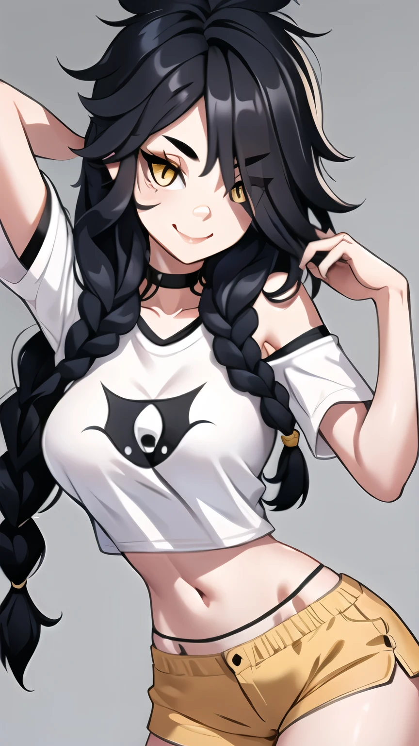 1girl, solo,  ultra long hair, looking at viewer, black hair, bandaid on face, yellow eyes, smile, bandaid on nose, braid, bandaid, ultra detailed face, masterpiece, bangs, breasts, fang, bare shoulders, scar, teeth, shirt, bare shoulders, white shirt, short sleeves, closed mouth, t-shirt, hair over one eye, portrait, bag, hair over shoulder, shorts, fullbody shot, cute, messy hair