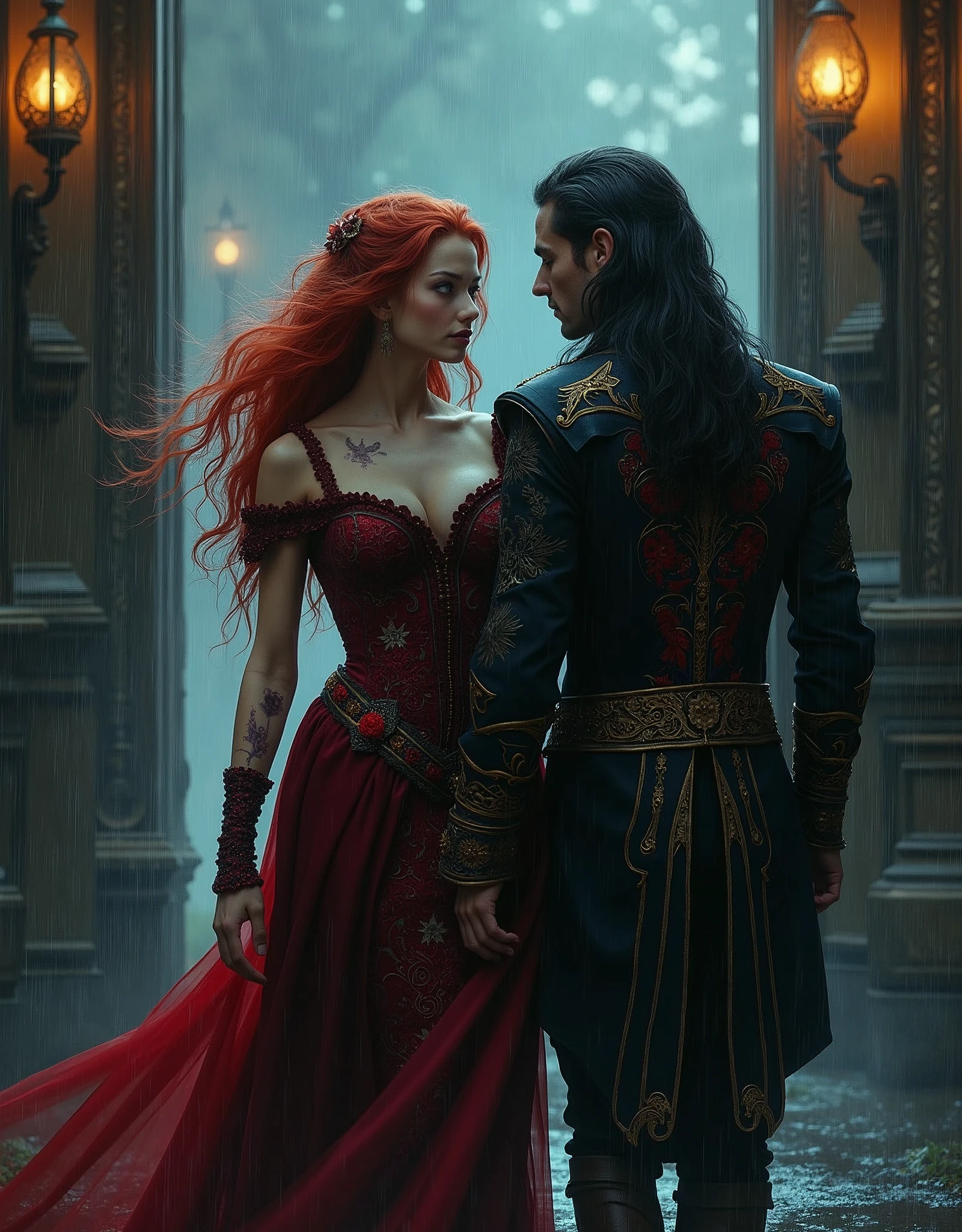 A fantasy mesmerizing portrait of a couple: a ravishing woman with cascading, fiery red locks, and ruby-red eyes, donning a majestic black doublet adorned with intricate, scarlet embroidery, and a regal man with long raven-black hair that falls like a dark cascade, and piercing black eyes that seem to bore into the soul, resplendent in an imperial doublet with gold accents, walking together through the grand, ornate gates of the palace, her injured arms and back eerily illuminated by the soft, flickering torches above, as the torrential rain pours down around them, casting a somber, mystical ambiance, with shades of crimson, gold, and midnight blue, evoking a sense of eerie, cinematic mystery, amidst the dark, wet, and mystical atmosphere of the foreboding night