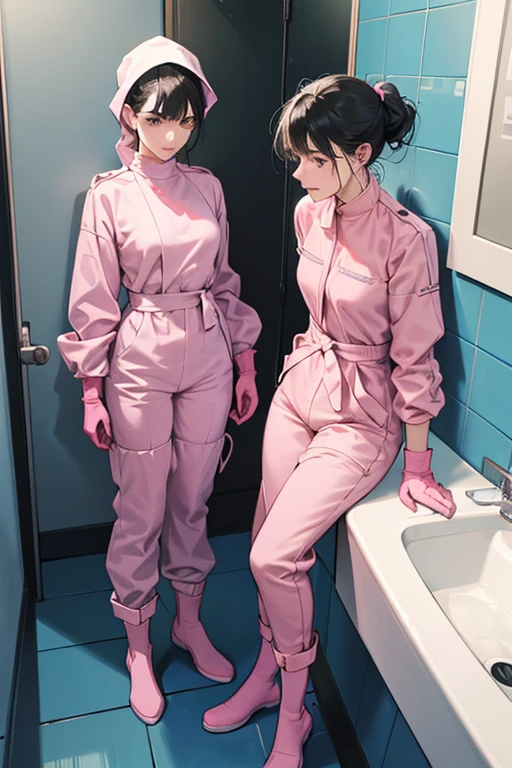 In the bathroom, two mature women with black hair tied up, wearing large pink rubber gloves, white cloth wrapped around their heads, blue long-sleeved jumpsuits, white rubber boots, and holding submachine guns