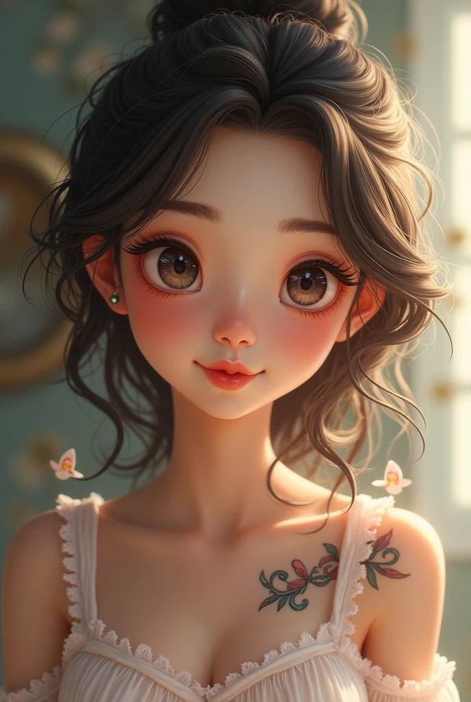 Cute girl with a great scent and a tattoo on her animated skin