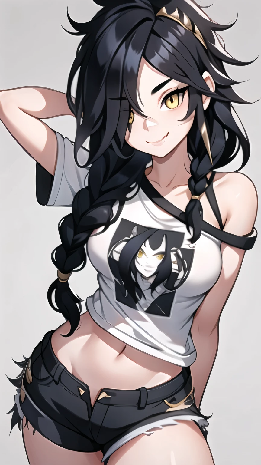 1girl, solo,  ultra long hair, looking at viewer, black hair, bandaid on face, yellow eyes, smile, bandaid on nose, braid, bandaid, ultra detailed face, masterpiece, bangs, breasts, fang, bare shoulders, scar, teeth, shirt, bare shoulders, white shirt, short sleeves, closed mouth, t-shirt, hair over one eye, portrait, bag, hair over shoulder, shorts, fullbody shot, cute, messy hair