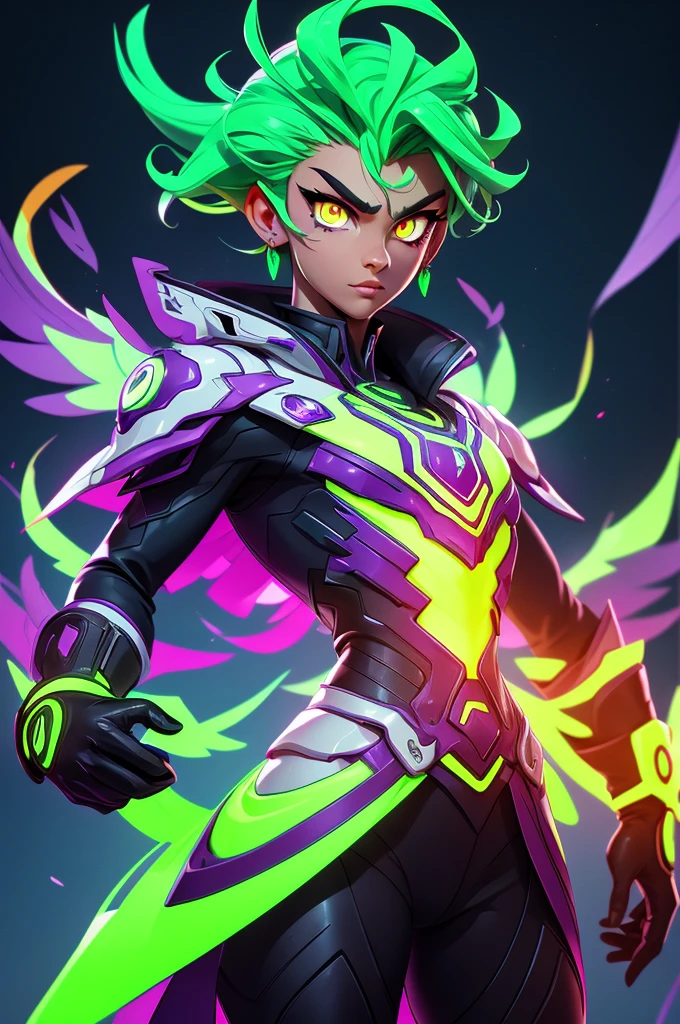 an eagle-faced person with fire eyes ,neon green glowing in a full suit and purple gloves 2d