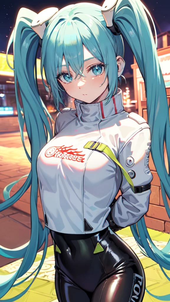 (masterpiece, Highest quality), Backlight, Lens flare, Wide Shot, Fisheye Lens , (Face Focus, Written boundary depth, close: 1.5), Super Detail, shape, colorful, (Fault Color: 1.3), (Immidshot: 1.3), video, Wide-angle, Upper Body, miku hatsune, Big Breasts, Spotless, Dark green hair, Twin tails, Very long hair, Place your arms behind your back, blue eyes, Glowing Eyes, Relaxed face, Eyebrow, Shiny Hair, Glowing Skin, A light smile, racing Miku, Black bodysuit, Cropped jacket, White jacket, Long sleeve, Two-tone gloves, Thigh-high boots, bright, Beautifully detailed skies, city, street,